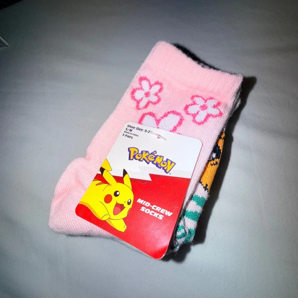 Pokemon Mid-Crew Socks Kids‎ S/M Pink Green New 3 Pairs Pikachu Eevee Floral